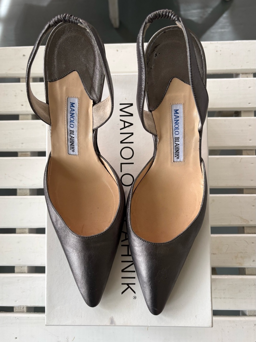 Manolo Blahnik Carolyne 70mm Slingback in Vintage Anthracite Napa Leather, EU41